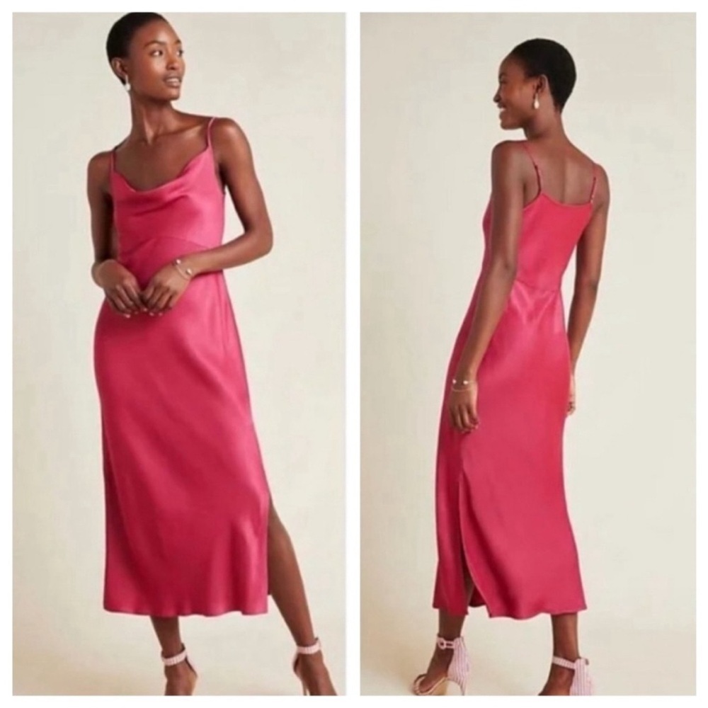 Anthropologie Elyse Bias Cowl Neck Satin Slip Midi Dress Magenta Medium